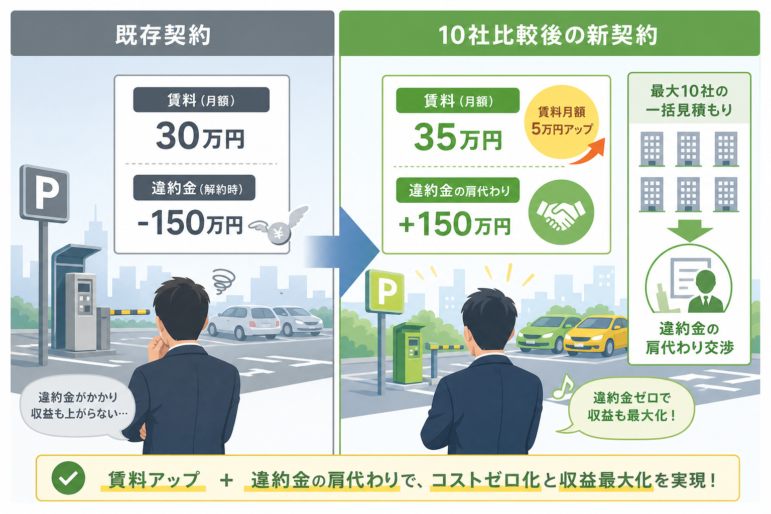解約違約金を最小化しつつ駐車場収益を最大化する「業者比較」の利点は何か？